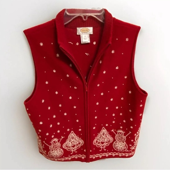 Talbots PM Red Embroidered Merino Wool Holiday Vest - Picture 3 of 9